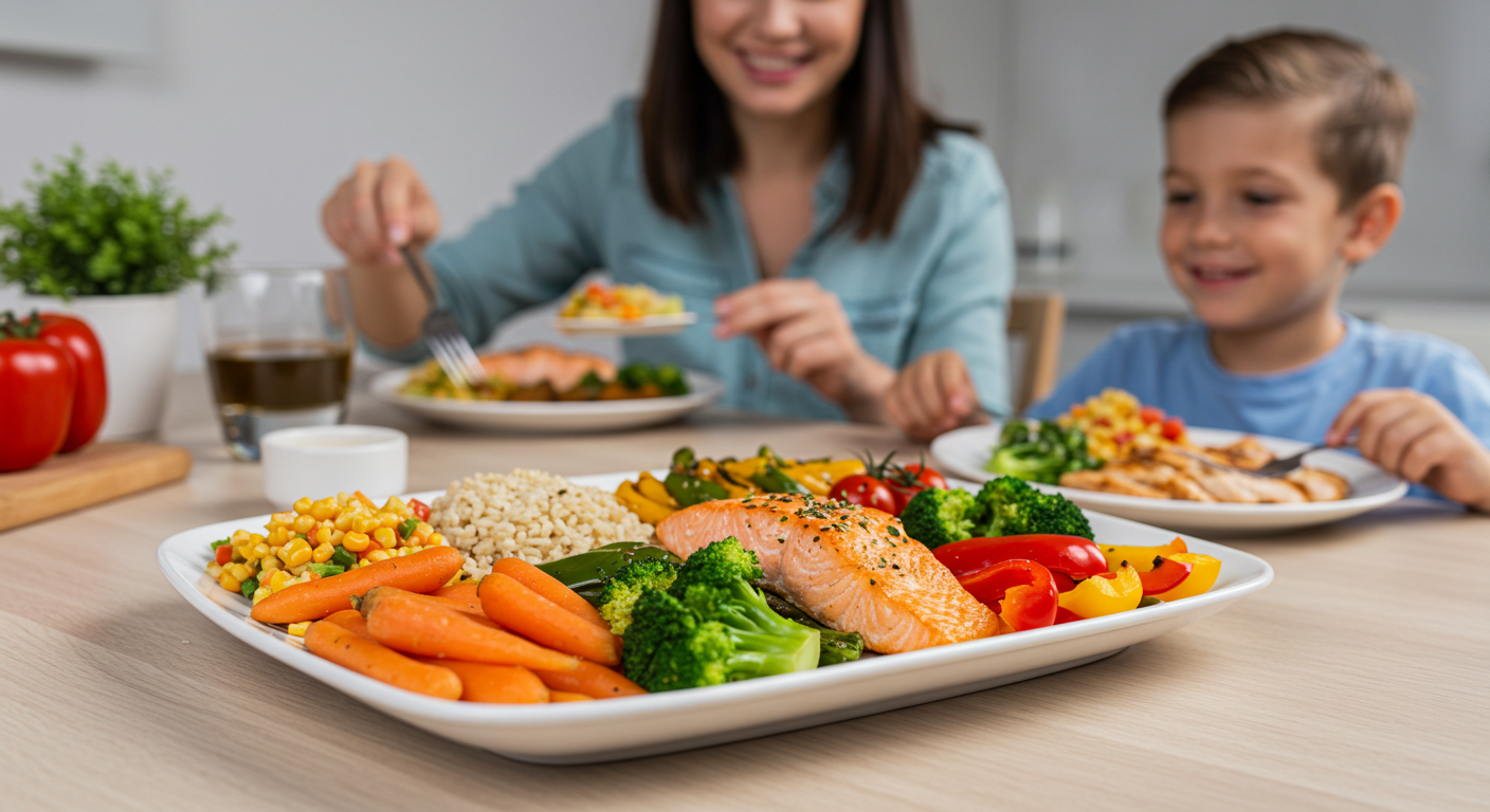 Cómo integrar opciones saludables en los menús familiares lato saludable con vegetales coloridos, granos enteros y proteína servidos en familia.