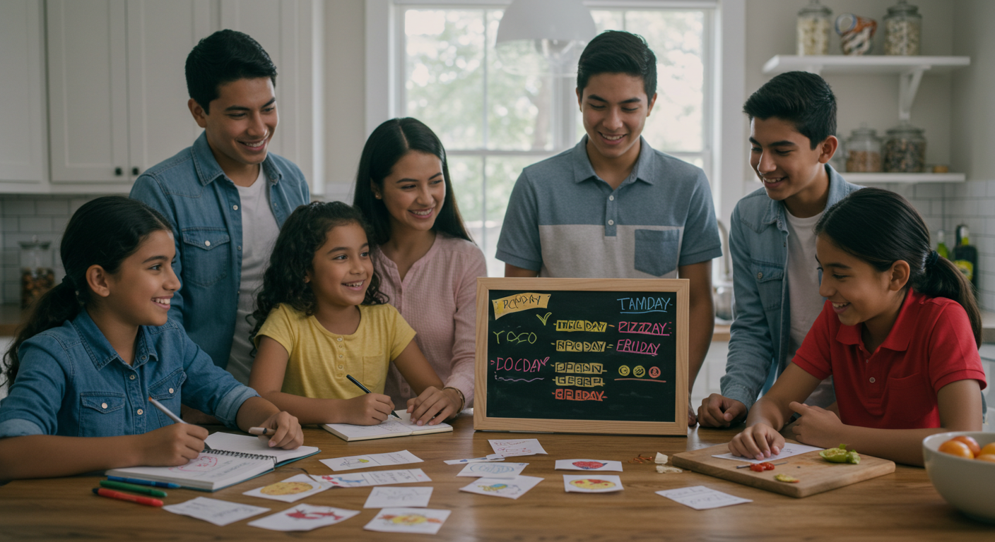écnicas para involucrar a toda la familia en la planificación del menu Familia reunida planificando el menú semanal con ideas creativas.