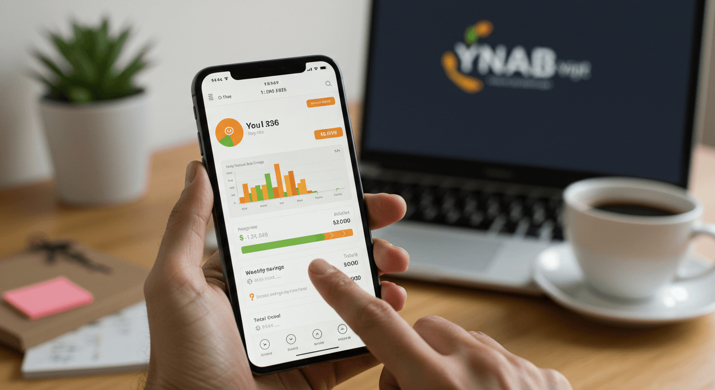 Usa apps como YNAB o Mint para automatizar tu ahorro semanal Mano usando una app de ahorro en el celular con gráficos de progreso financiero.
