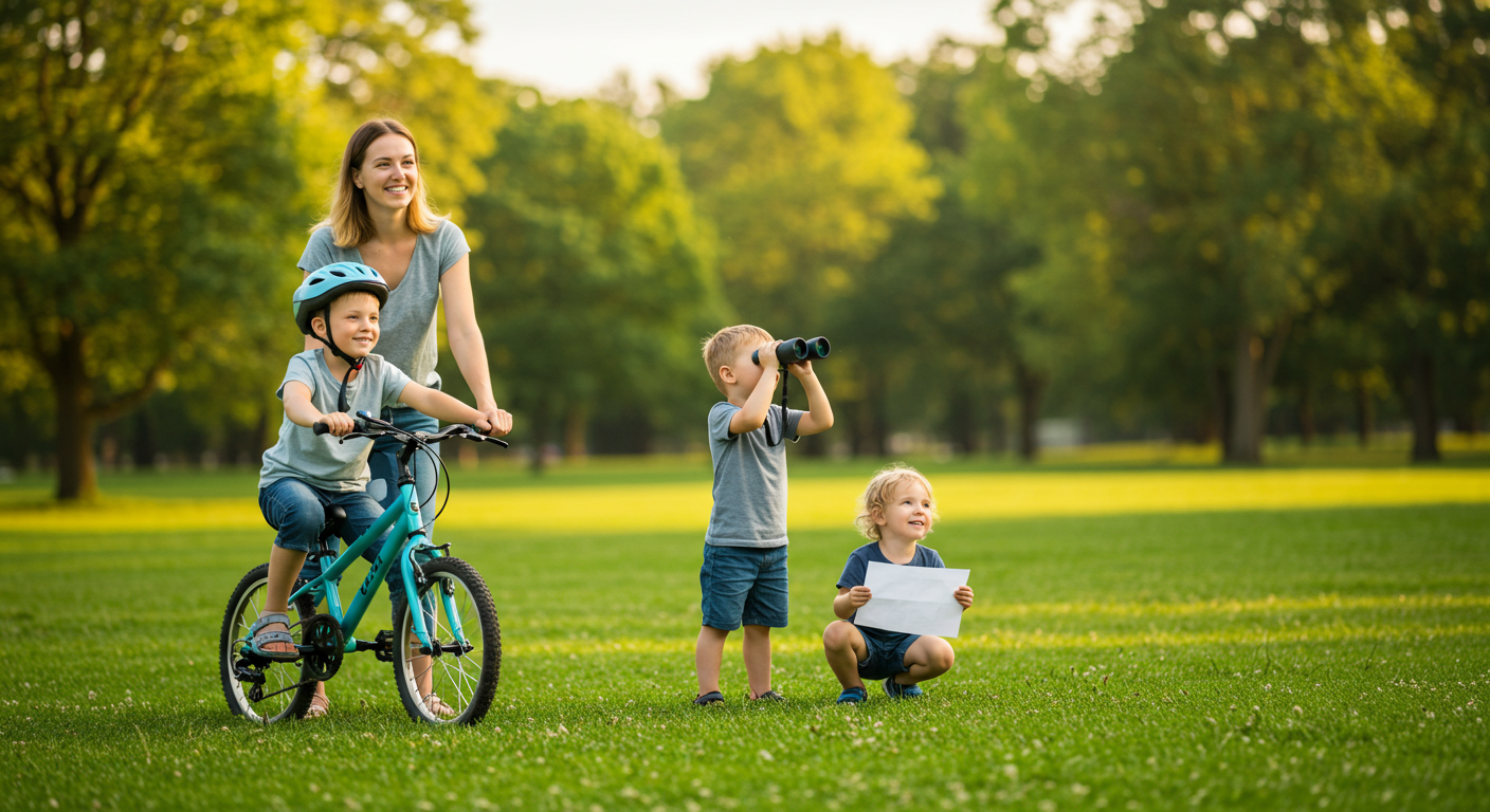 Conectar con la naturaleza también es parte de ser una mamá divertida Madre e hijos disfrutando de actividades al aire libre en un parque.