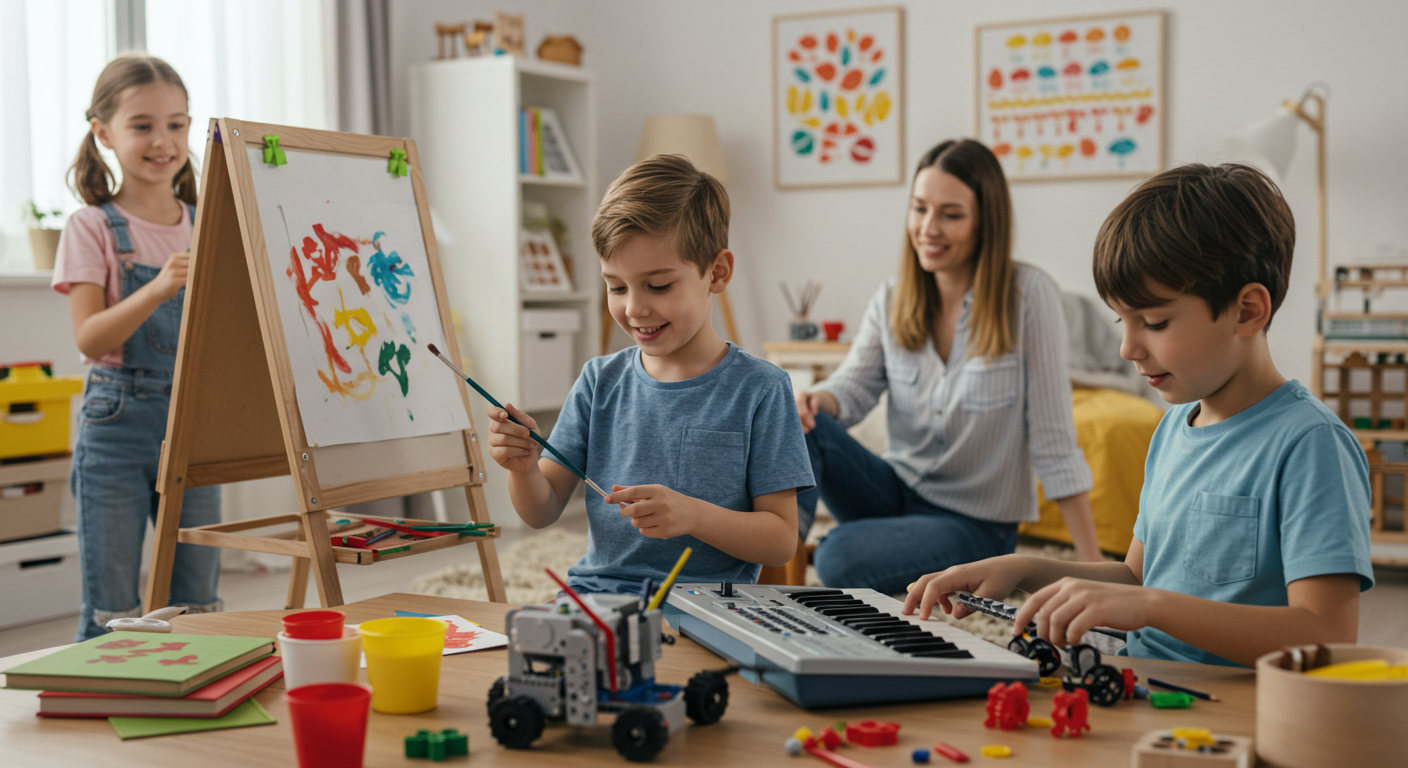 Fomentar nuevas aficiones es parte de ser una mama presente y divertida Niños descubriendo nuevos talentos mientras su madre los anima.