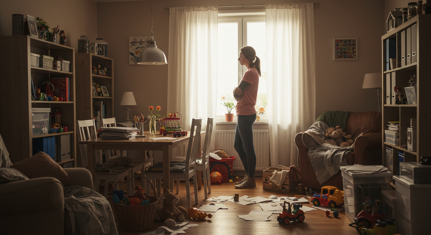 Reflexiona sobre la raíz emocional del desorden en casa Madre observando el desorden en su hogar con expresión reflexiva.