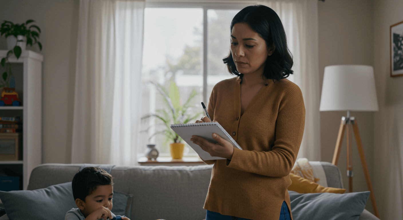 Madre joven hispana observando su hogar y tomando notas para mejorar el bienestar familiar.