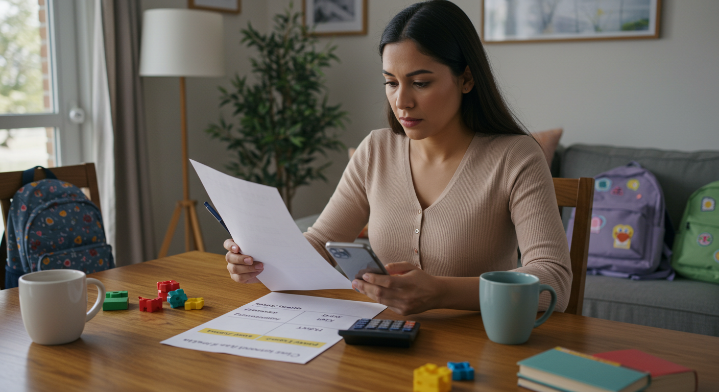 Establecer prioridades en el hogar salud, funcionalidad y confort. Madre hispana priorizando necesidades del hogar con lista y calculadora en la mesa.