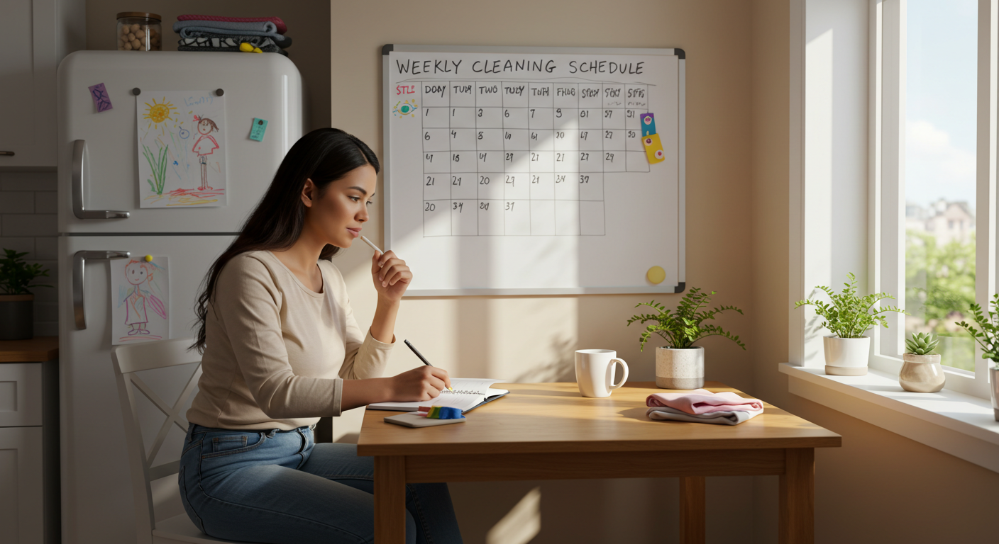 Cómo establecer un hábito de limpieza con un plan semanal organizado. Mujer latina organizando su plan de limpieza semanal en una cocina hogareña.