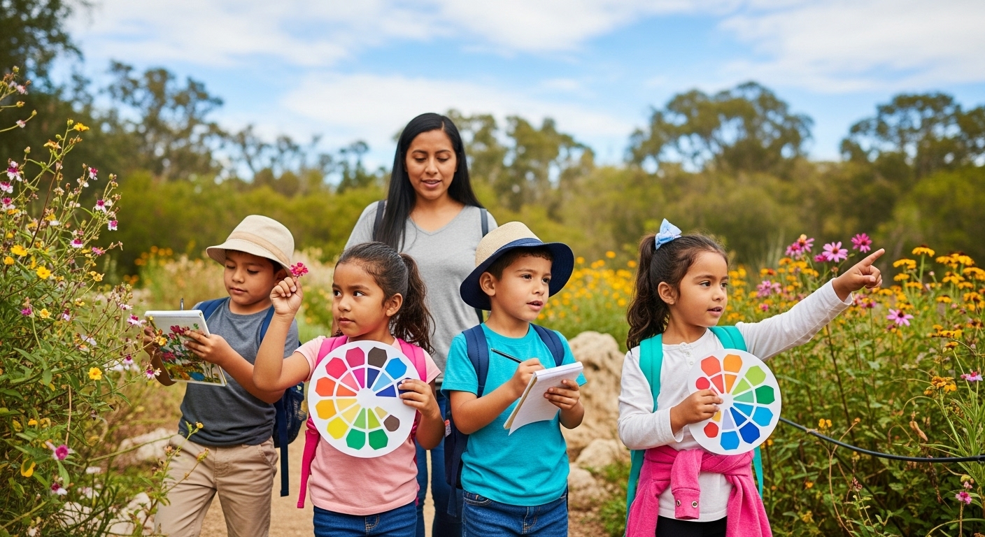 Actividad infantil busca de colores en la naturaleza. Niños explorando un parque con tarjetas de colores en busca de tonos en la naturaleza.