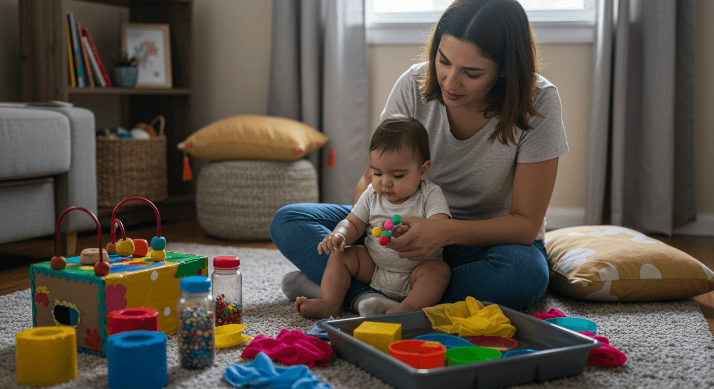 Alt (texto alternativo): Madre jugando con su bebé usando juguetes caseros de estimulación temprana.
