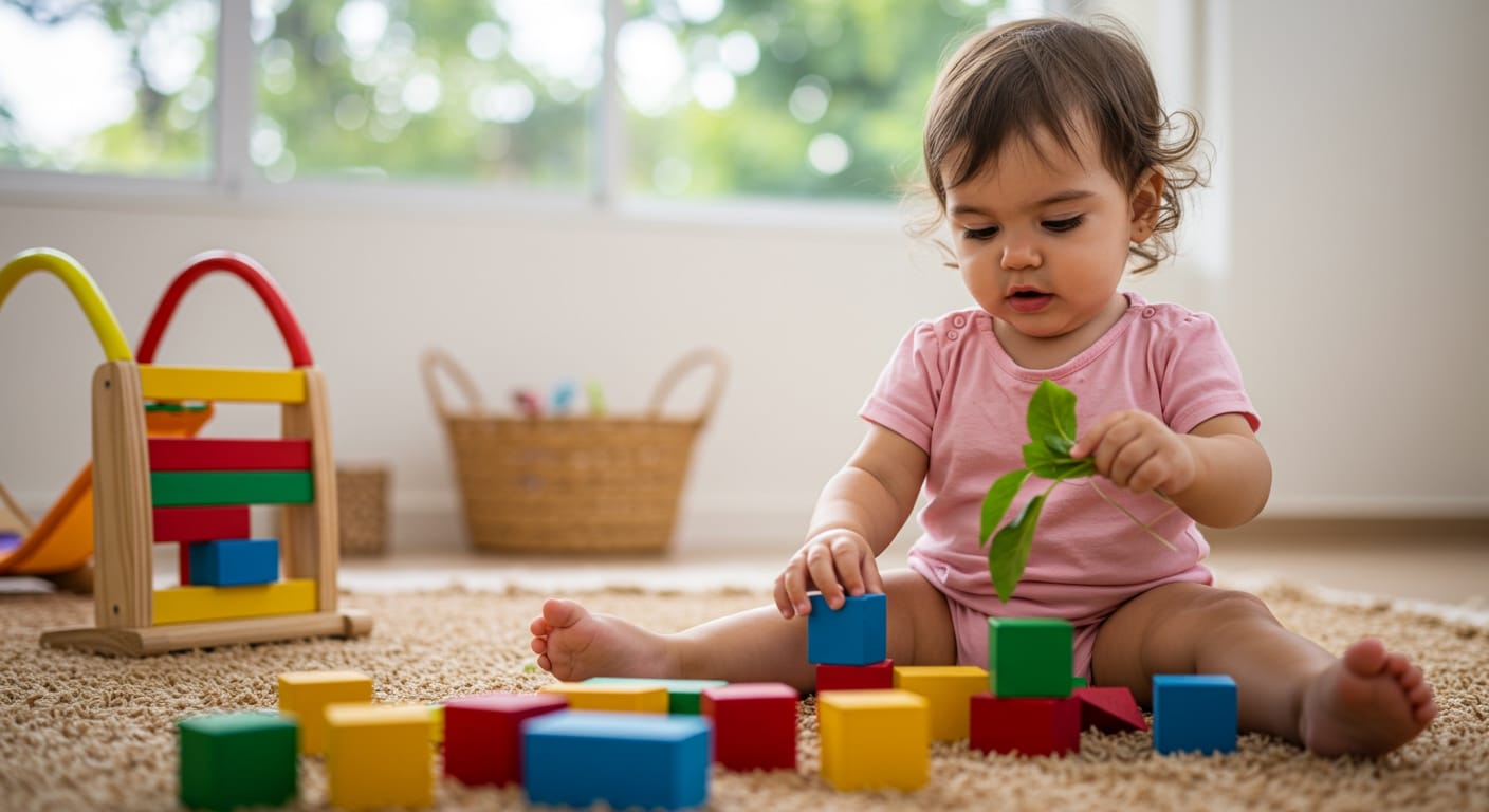 Exploração e Aprendizagem O Desenvolvimento da Criança Pequena Criança pequena brincando com blocos educativos, explorando e aprendendo