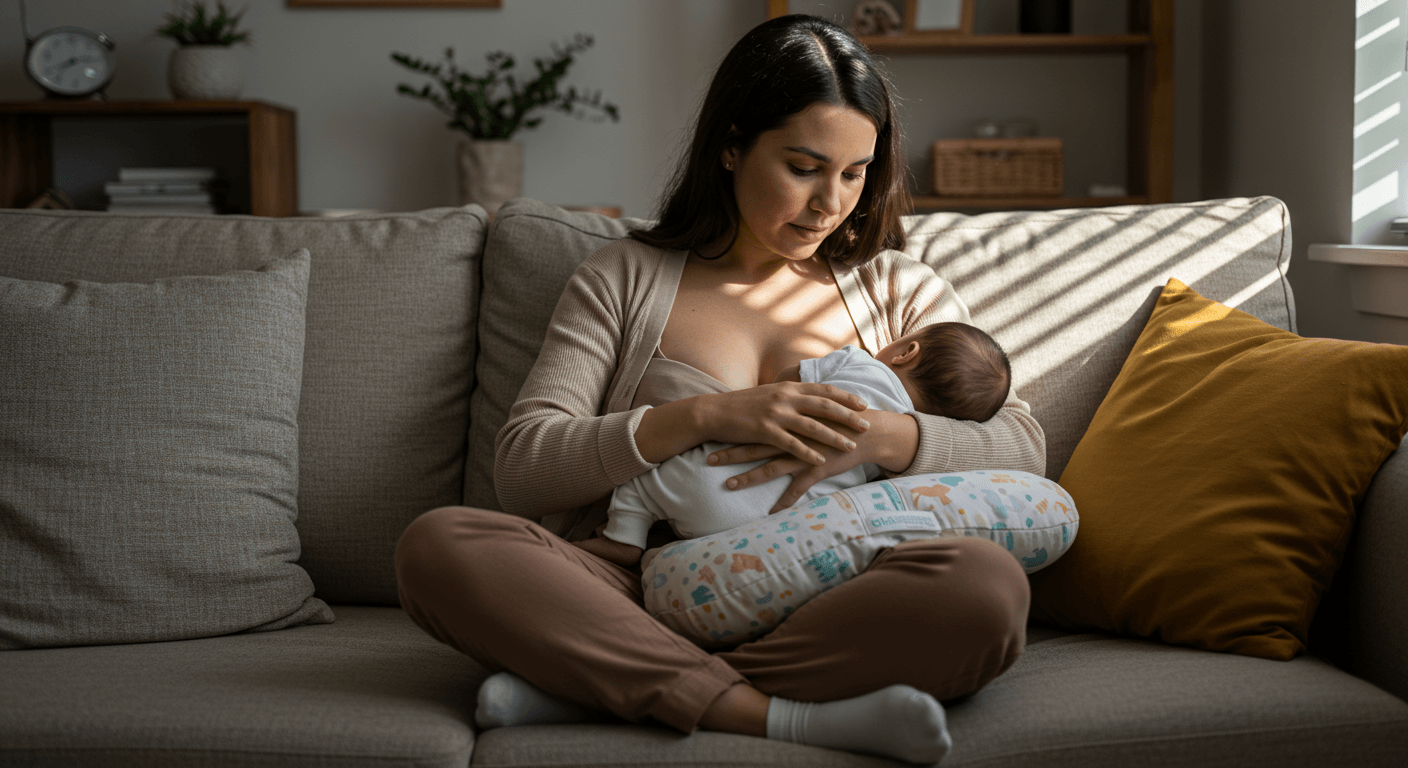 Madre amamantando a su bebé en posición de cuna en la sala de estar.
