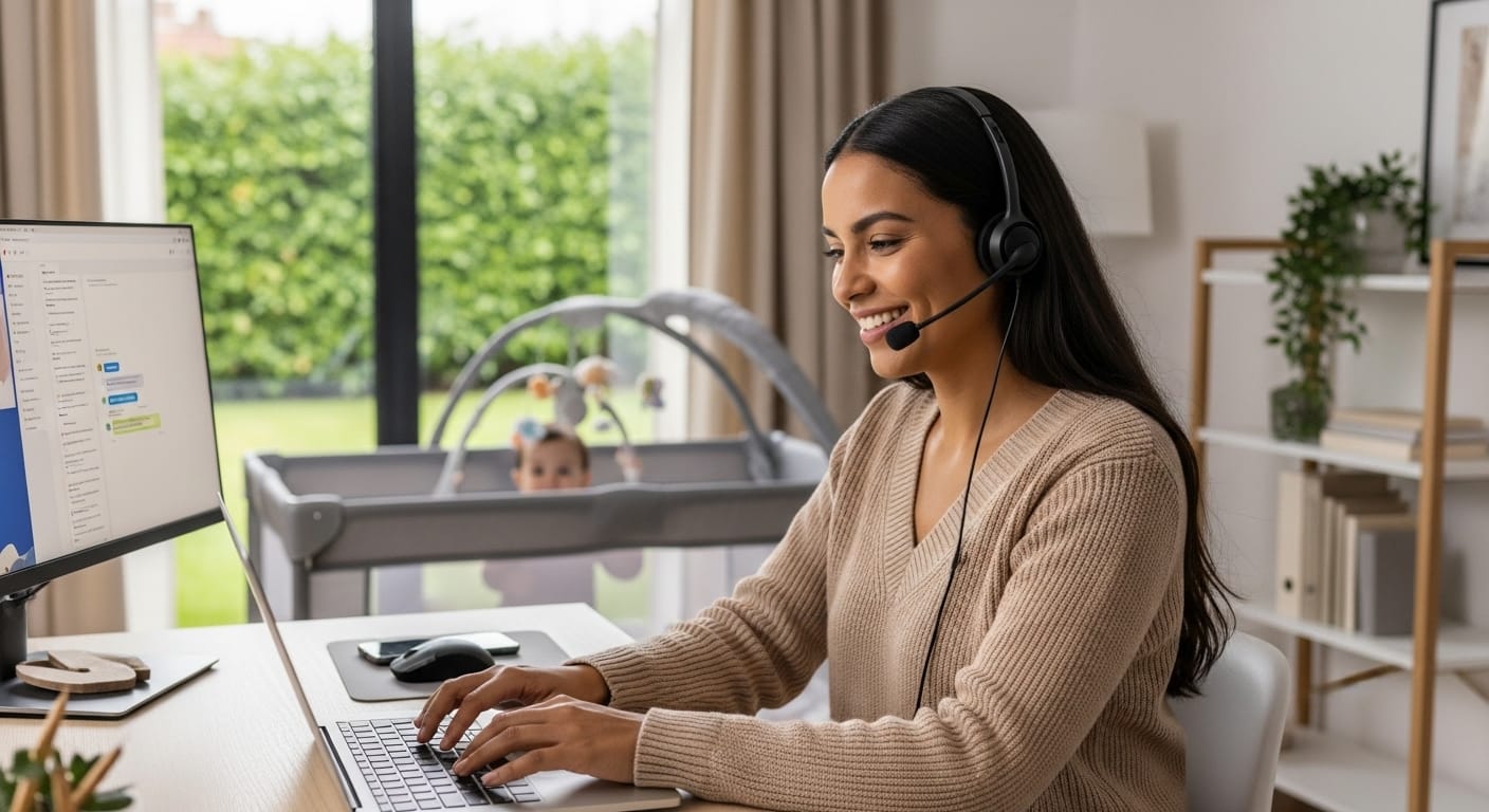 Mamá trabajando desde casa atención al cliente con equilibrio familiar Mujer latina trabajando desde casa en atención al cliente con su bebé jugando en un corralito.