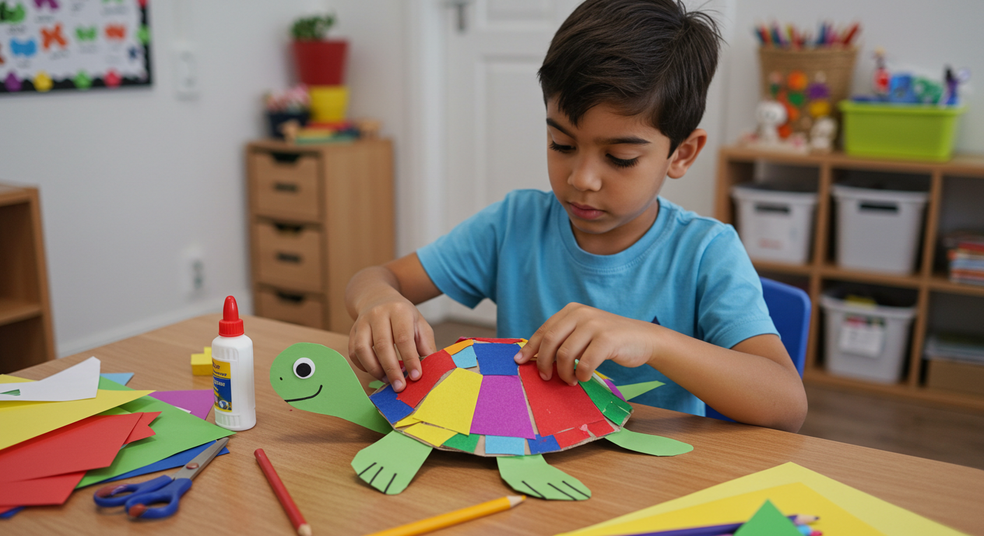 Manualidad educativa tortuga de papel con colores variados. Niño creando una tortuga de colores con papeles y cartón.