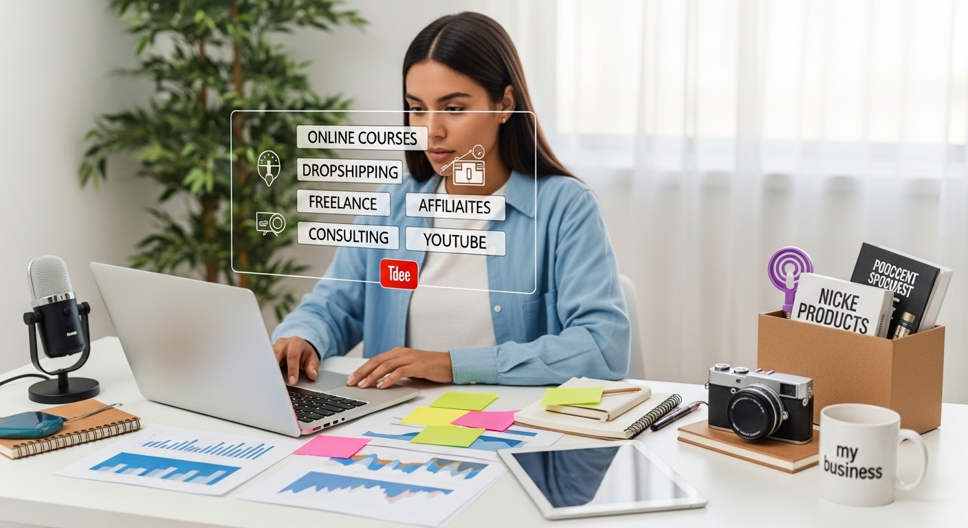 Modelos rentables para emprender online desde casa. Mujer explorando ideas de negocio rentables en internet desde su escritorio.