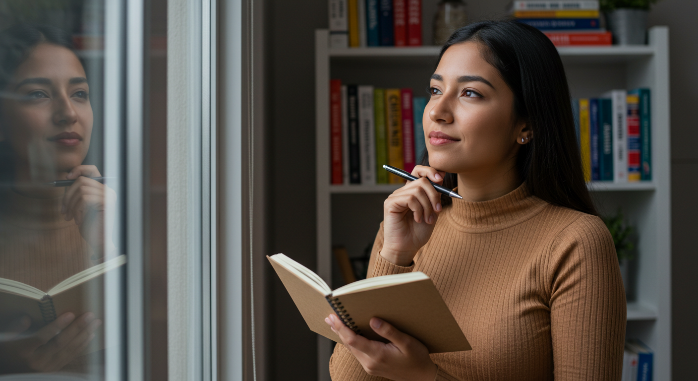 Motivación para iniciar con ingresos pasivos desde casa Mujer reflexionando sobre cómo comenzar a generar ingresos pasivos.