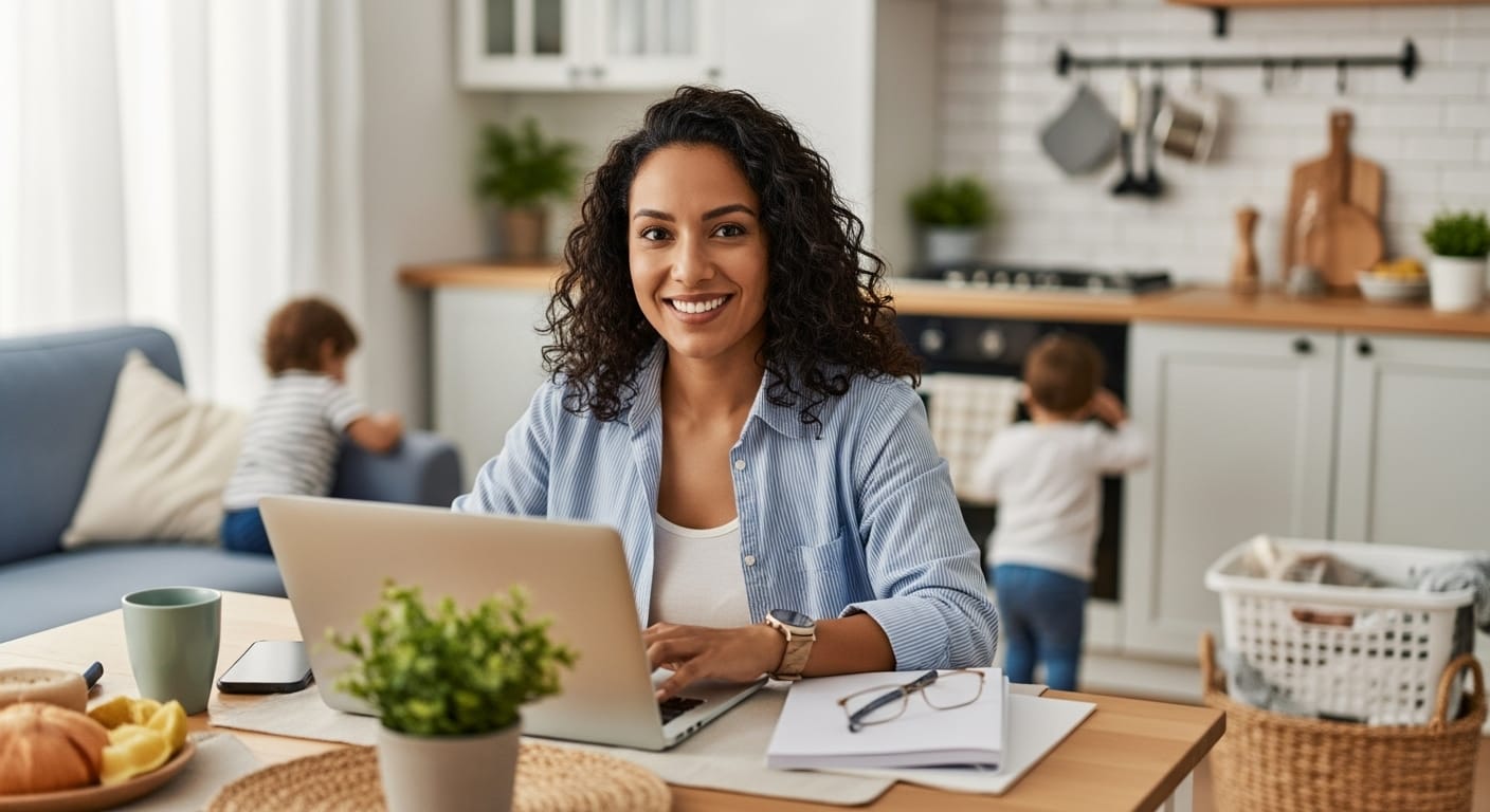 Oportunidades laborales desde casa para amas de casa sin experiencia Ama de casa trabajando desde casa con su laptop y tareas del hogar alrededor