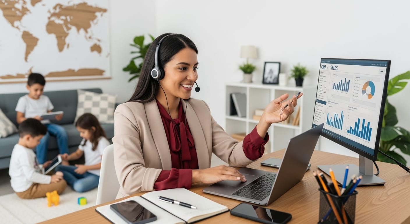 Profesional de ventas desde casa conciliación laboral y familiar : Representante de ventas latina trabajando desde casa con sus hijos jugando en segundo plano.