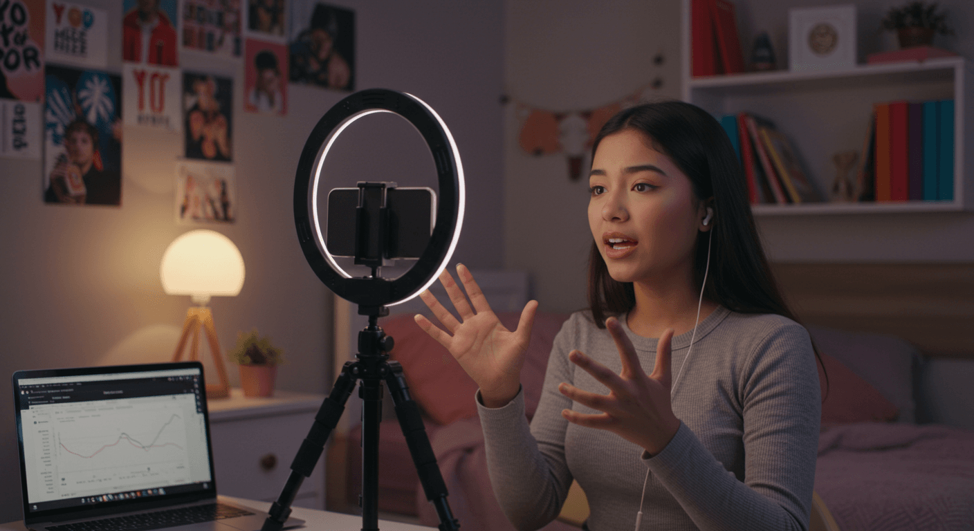 Ser influencer una carrera digital del presente Joven latina grabando contenido como influencer desde su habitación.