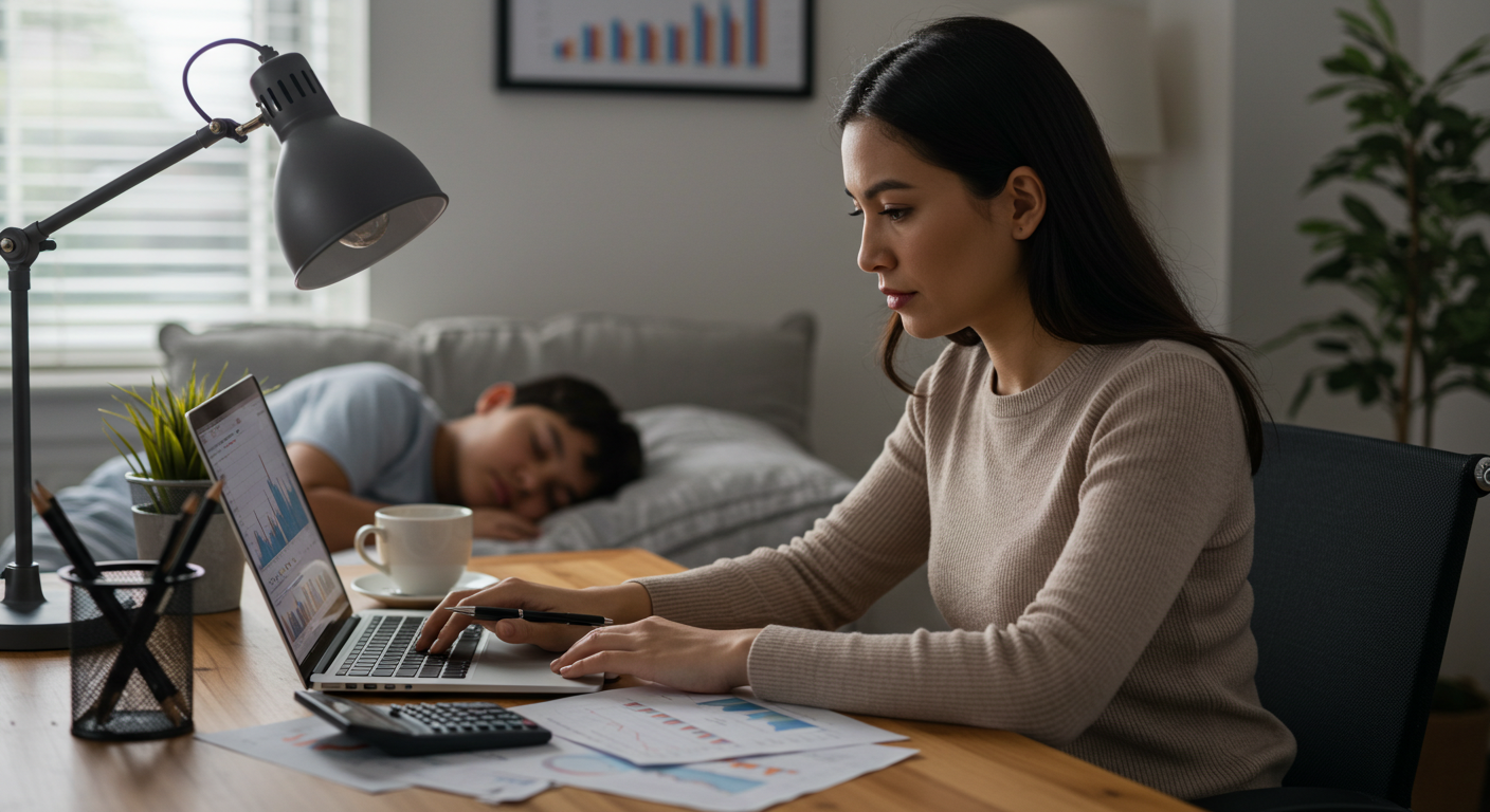 Análisis financiero antes de invertir en acciones Persona analizando gráficos de acciones en una computadora portátil en su escritorio.