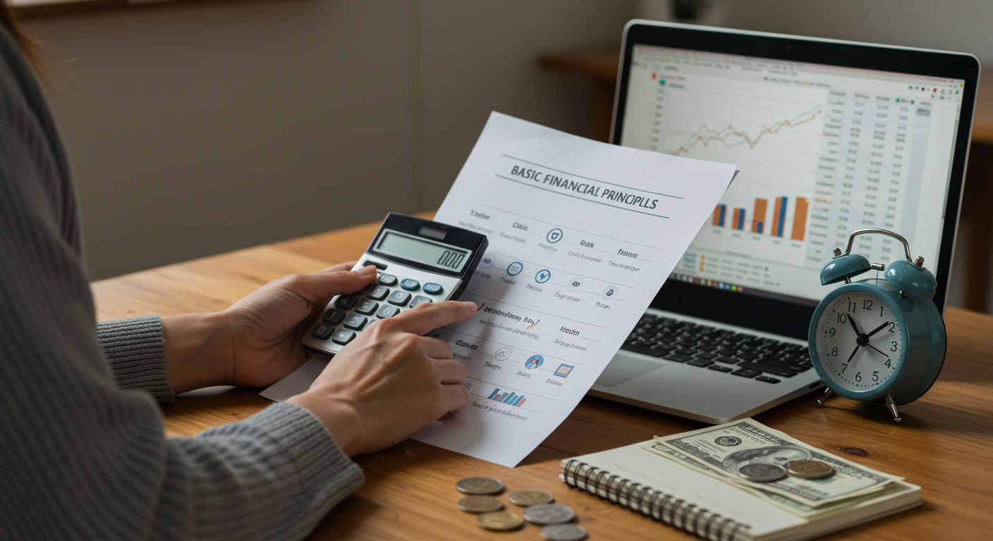 Aplicación de los principios de administración financiera en casa. Mujer analizando principios financieros con gráficos y calculadora.