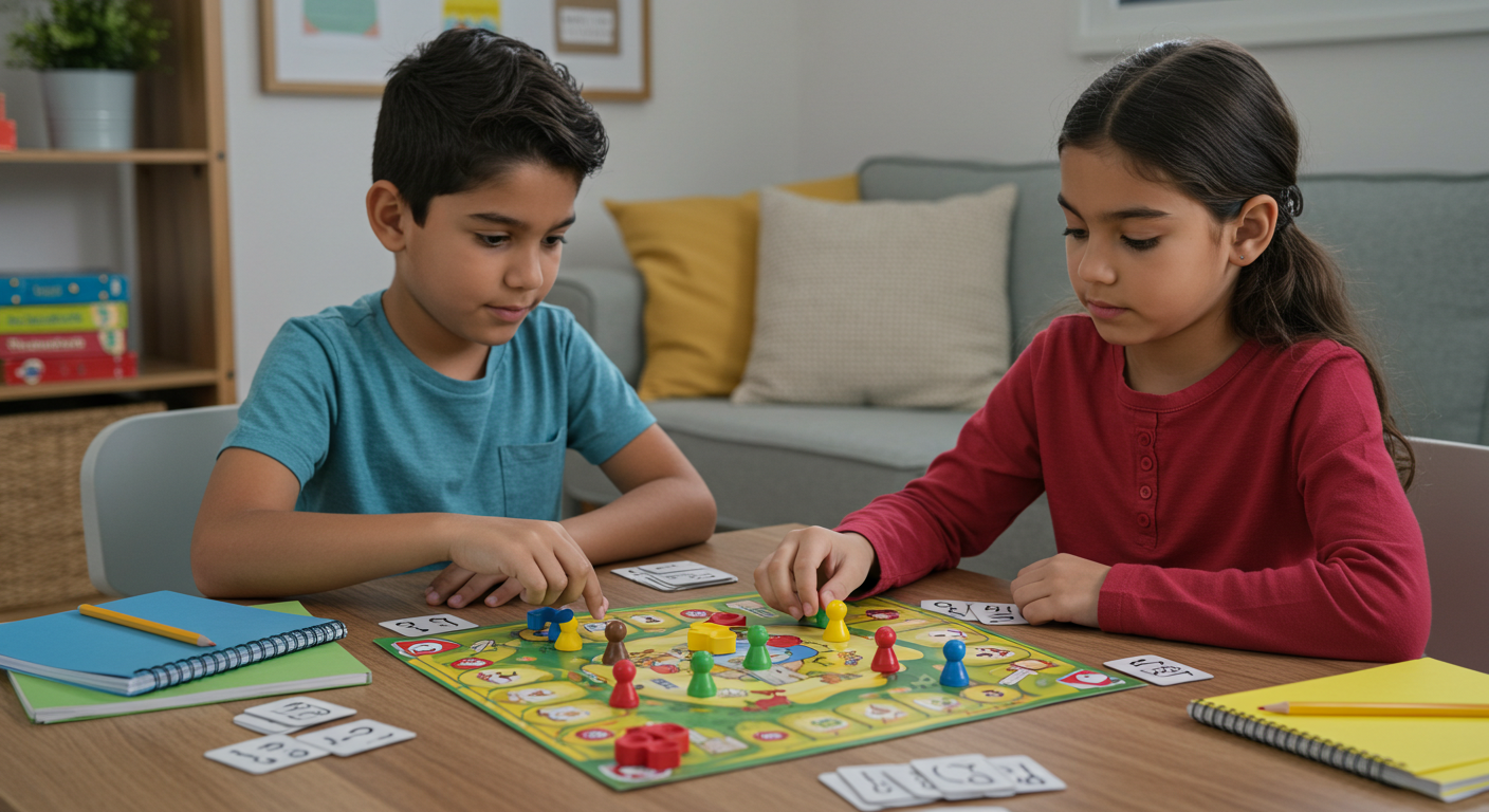 Aprender jugando concentracion , memoria y diversión en el hogar Niños jugando un juego de mesa educativo en casa, concentrados y sonrientes