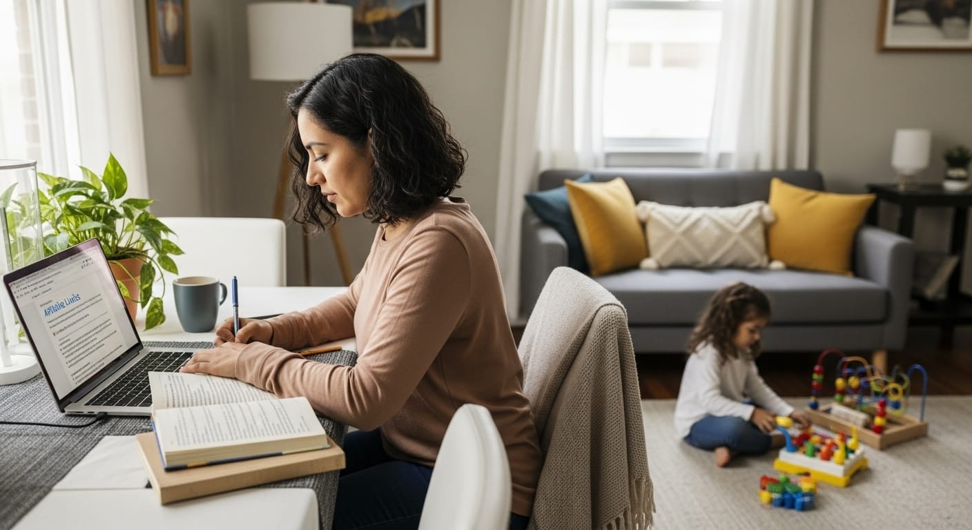 Blogger latina combina trabajo digital y maternidad desde casa Mujer latina trabajando en su blog mientras su hija juega en la sala.