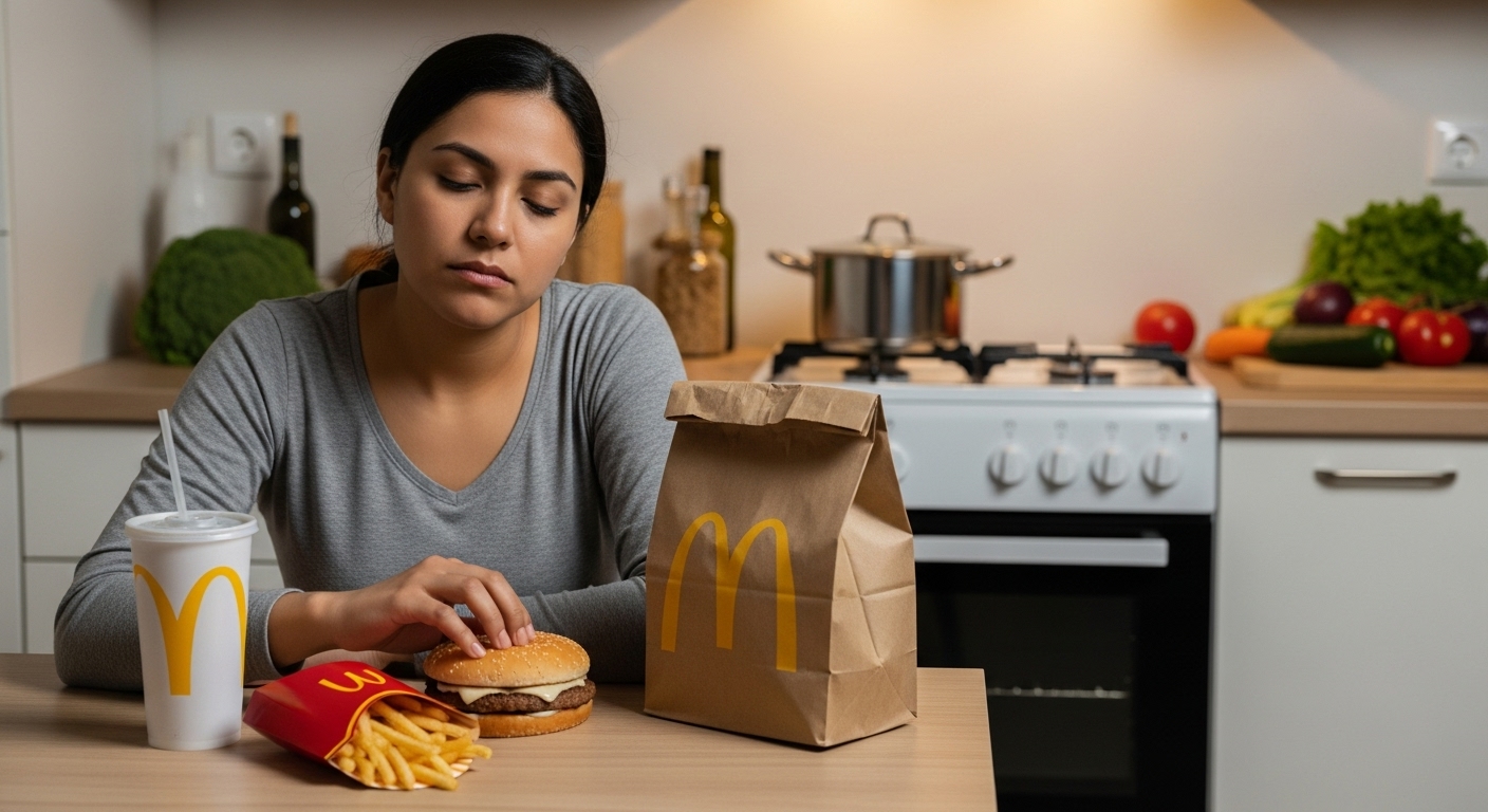 Comer comida preparada puede afectar tu salud a largo plazo. Madre comiendo comida rápida en casa mientras ignora ingredientes frescos.