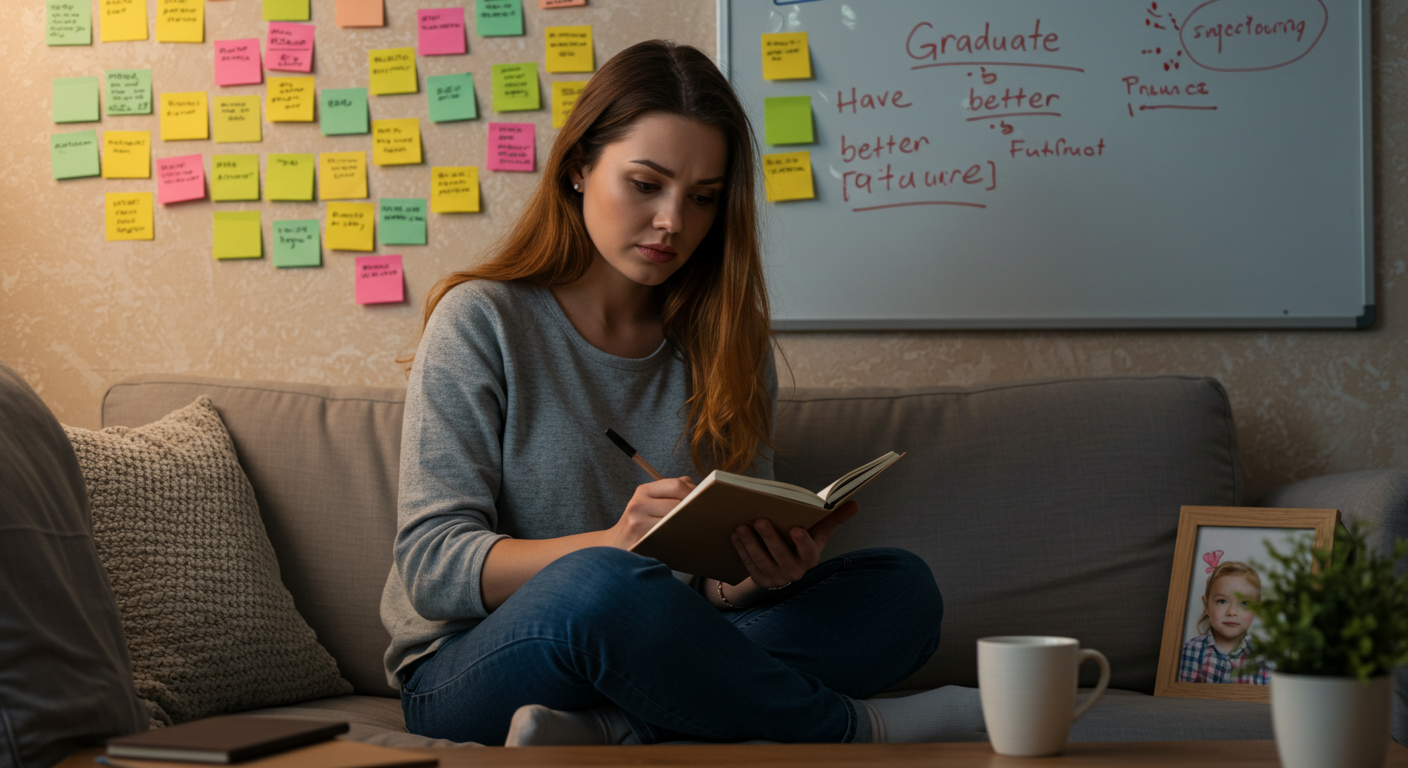 Cómo encontrar la motivación para continuar tus estudios siendo mamá Madre anotando sus metas en casa para mantener la motivación al estudiar