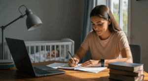 Madre joven retomando sus estudios en casa mientras su bebé duerme