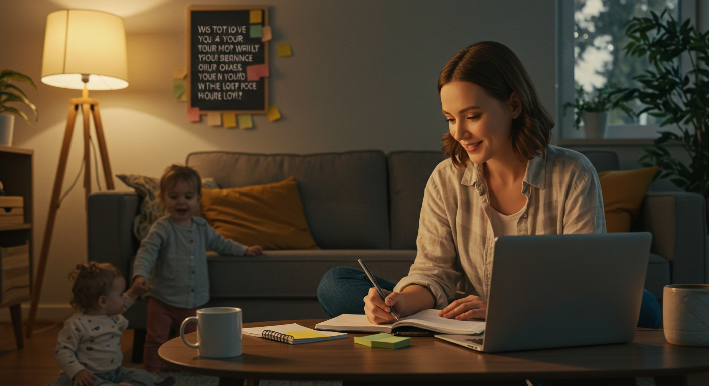 Mamá estudiando con serenidad mientras cuida de su hijo pequeño, con entorno inspirador.