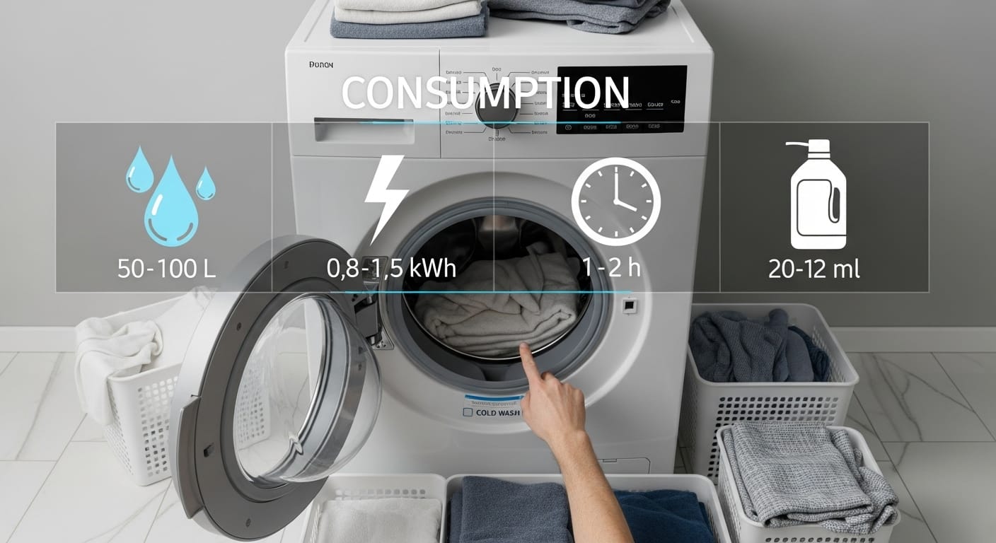 Consumo de recursos en el uso de la lavadora agua, energía y detergente Vista cenital de lavadora con indicadores de consumo de agua, energía, tiempo y detergente.