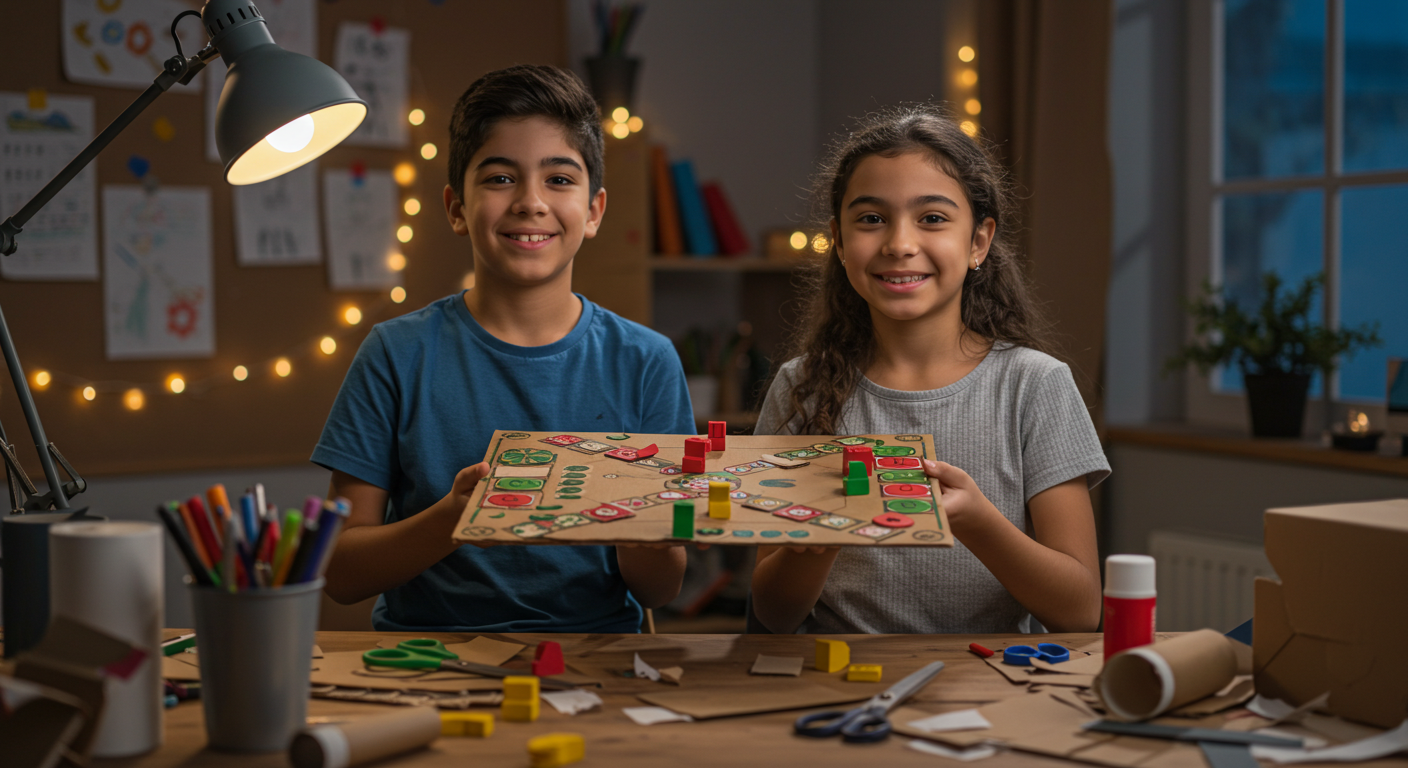 Desarrollo personal a través de la creatividad DIY iño orgulloso mostrando un juego de mesa DIY que ha creado
