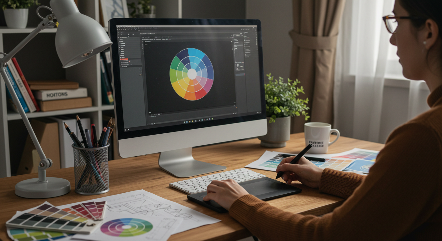 Diseño gráfico remoto desde el hogar. Diseñador gráfico trabajando desde casa con herramientas digitales.