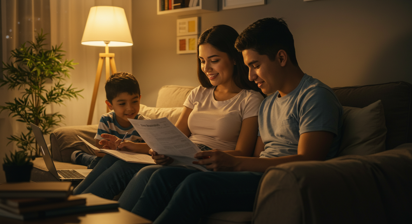 Educación financiera como clave del bienestar personal Pareja joven organizando sus finanzas con tranquilidad en su hogar
