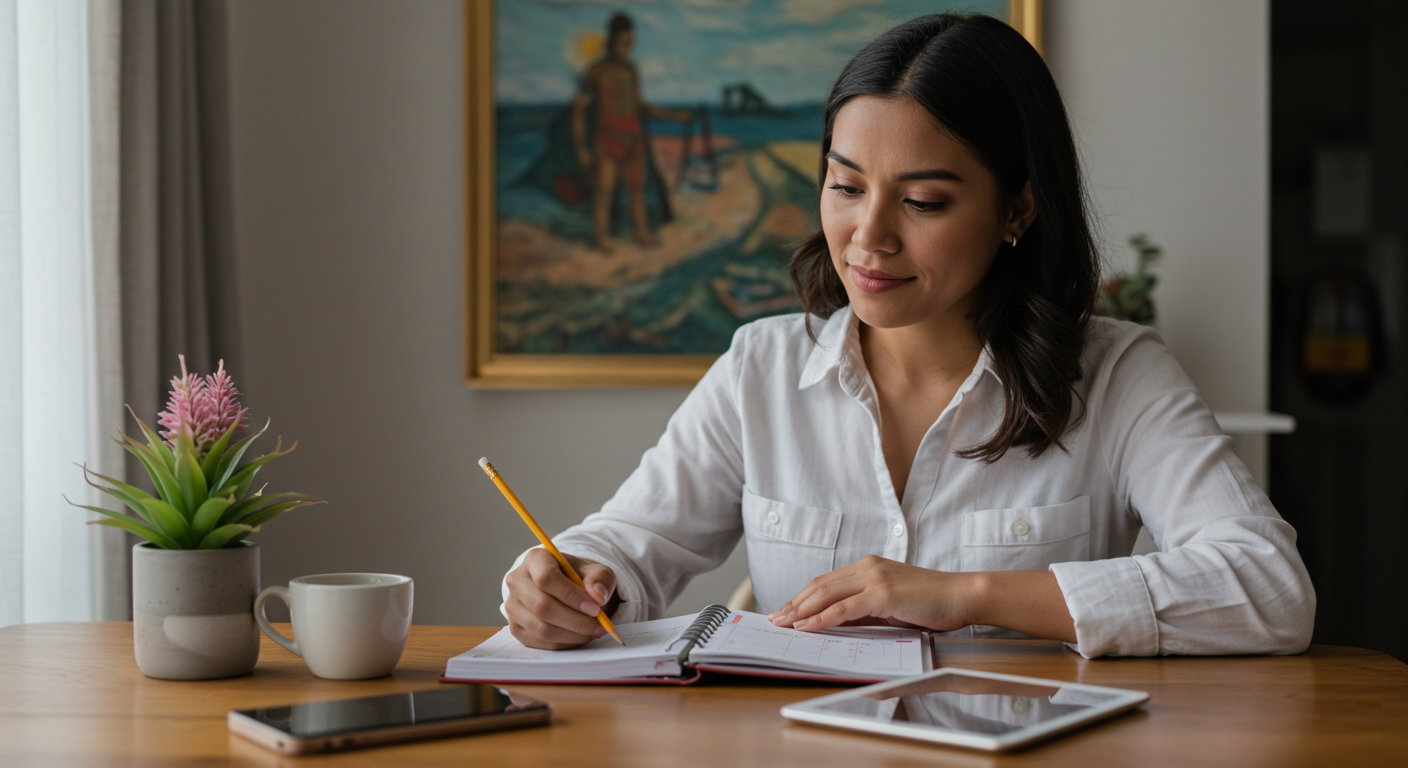 El arte de planificar para ganar tiempo y reducir el estrés diario Mujer planificando su semana con una agenda y calendario en un ambiente tranquilo