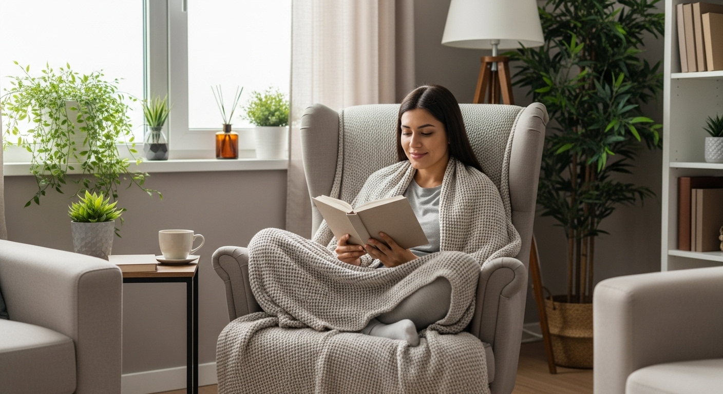 El auto-cuidado comienza por reservar tiempo personal cada día. Mamá hispana disfrutando de un momento de tranquilidad leyendo en casa.