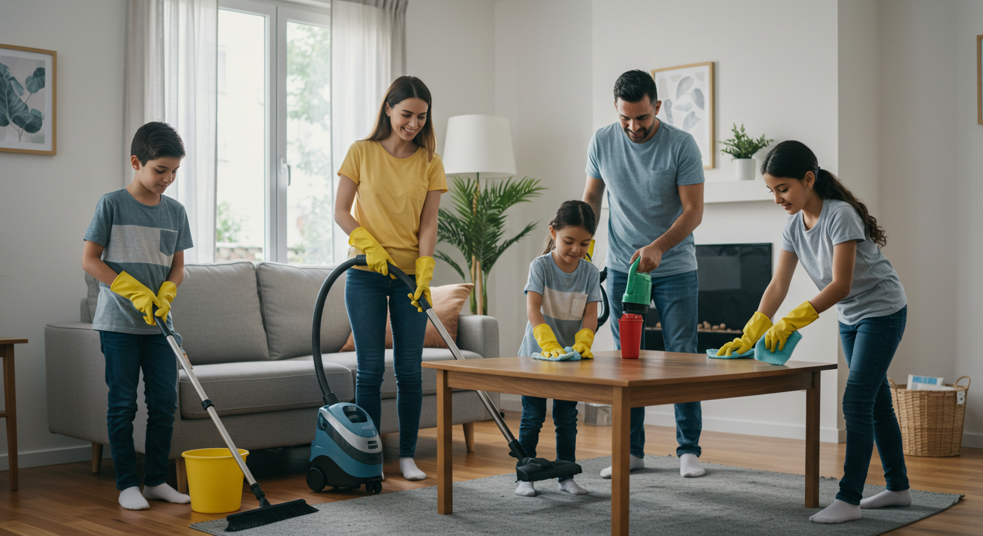 El trabajo en equipo familiar en la limpieza del hogar Familia limpiando junta la sala de estar en un ambiente armonioso y acogedor.