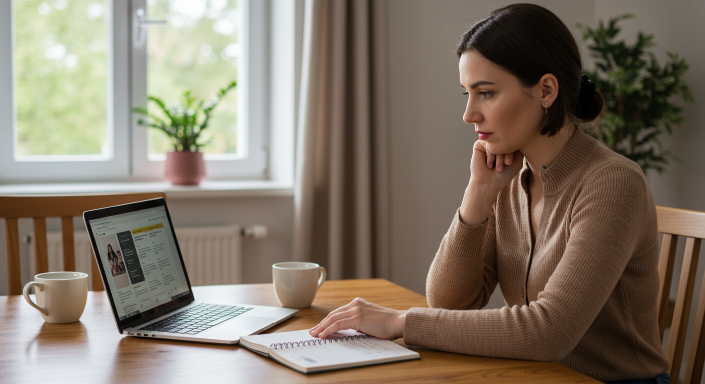 Elegir el programa de estudios adecuado como mamá Madre comparando programas de estudio desde su laptop en casa