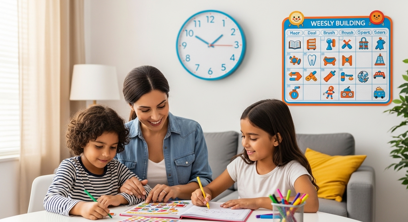 Enseña a tus hijos a gestionar el tiempo con rutinas visuales y divertidas. Madre enseñando a sus hijos a organizar su tiempo con un planificador semanal en casa.