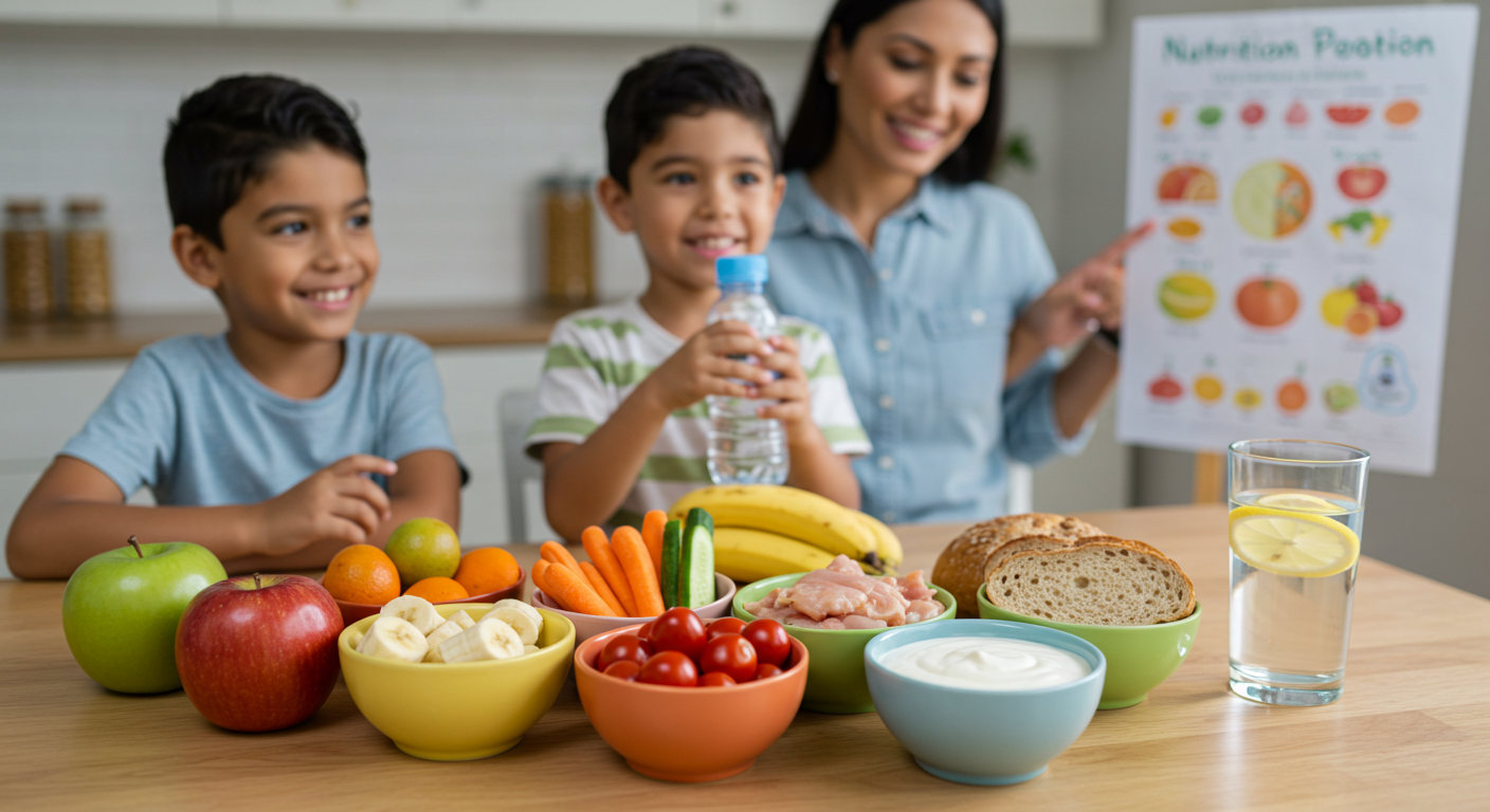 Enseñando a los niños qué alimentos deben comer para estar sanos. Niño hispano aprendiendo sobre alimentación saludable con su madre en la cocina.