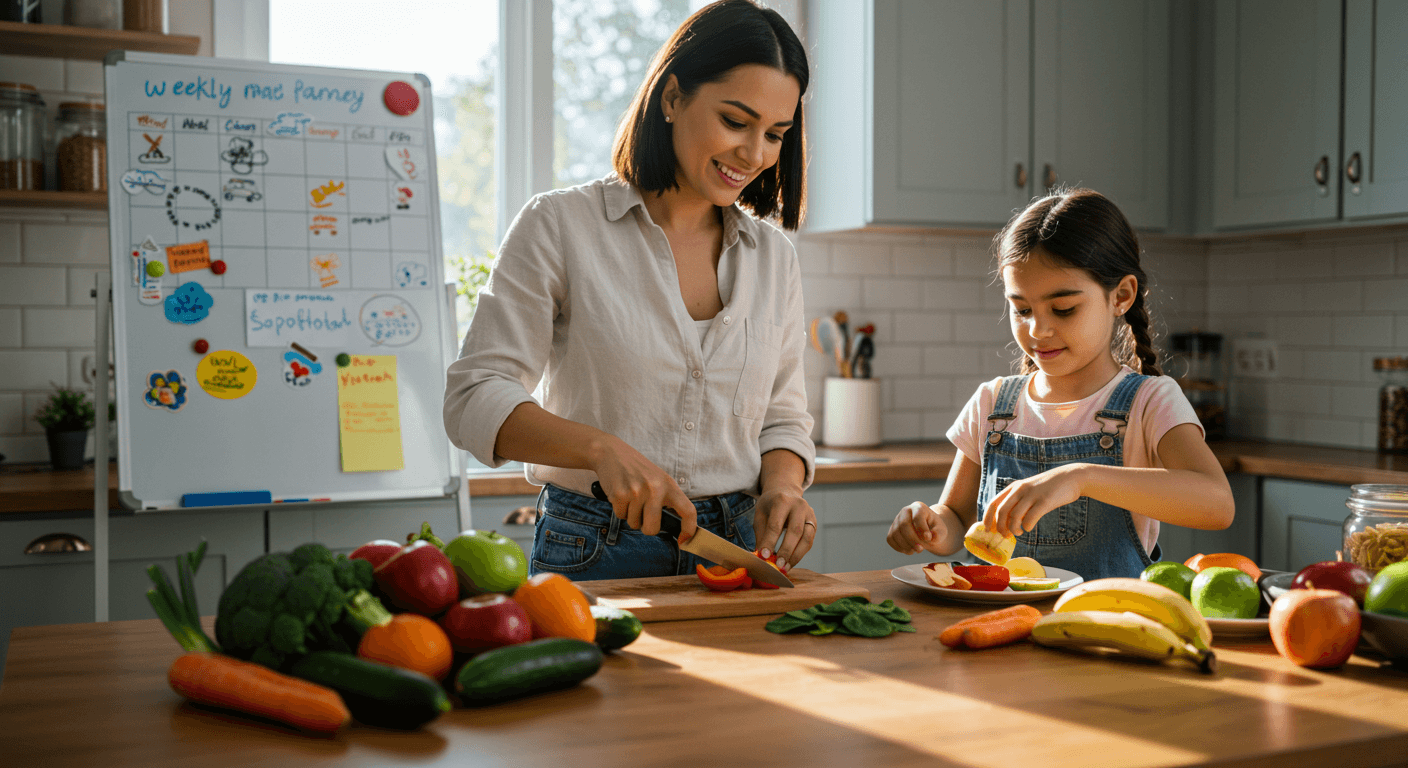 Madre e hija hispanas preparando un almuerzo saludable juntas en la cocina.