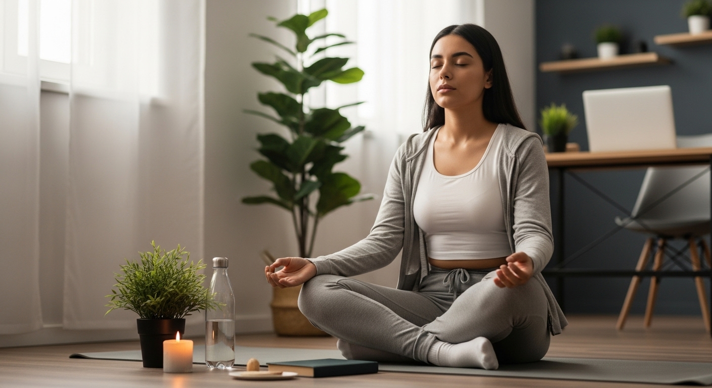 Equilibrar cuerpo y mente en la vida moderna Mujer meditando en casa para cuidar su bienestar físico y mental.