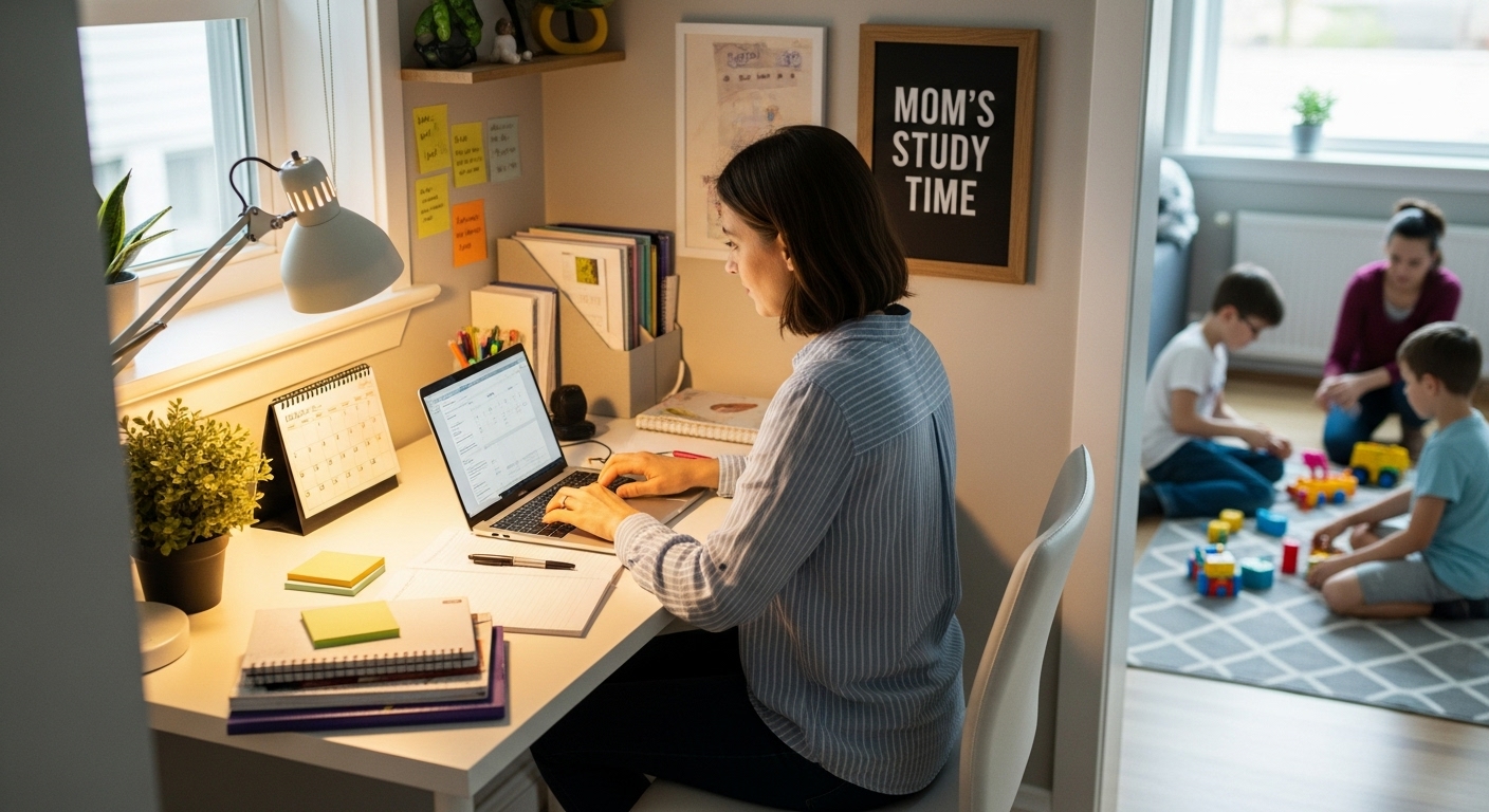 Espacio de estudio familiar para mamás estudiantes. Mamá estudiando en un espacio organizado del hogar mientras sus hijos respetan su entorno.
