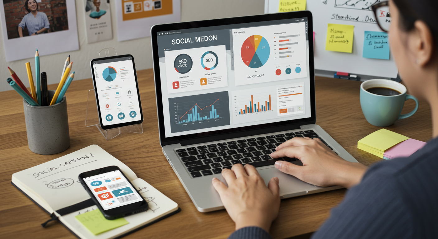 Estrategias de marketing digital desde el hogar. Profesional de marketing digital analizando campañas desde casa.