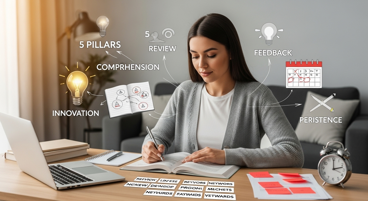Guía de hábitos de estudio eficaces para el éxito académico Mujer estudiante combinando estrategias de estudio eficaces en un ambiente hogareño