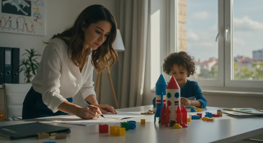 Mujer escribiendo en un escritorio mientras niño juega con cohetes y bloques de colores cerca.