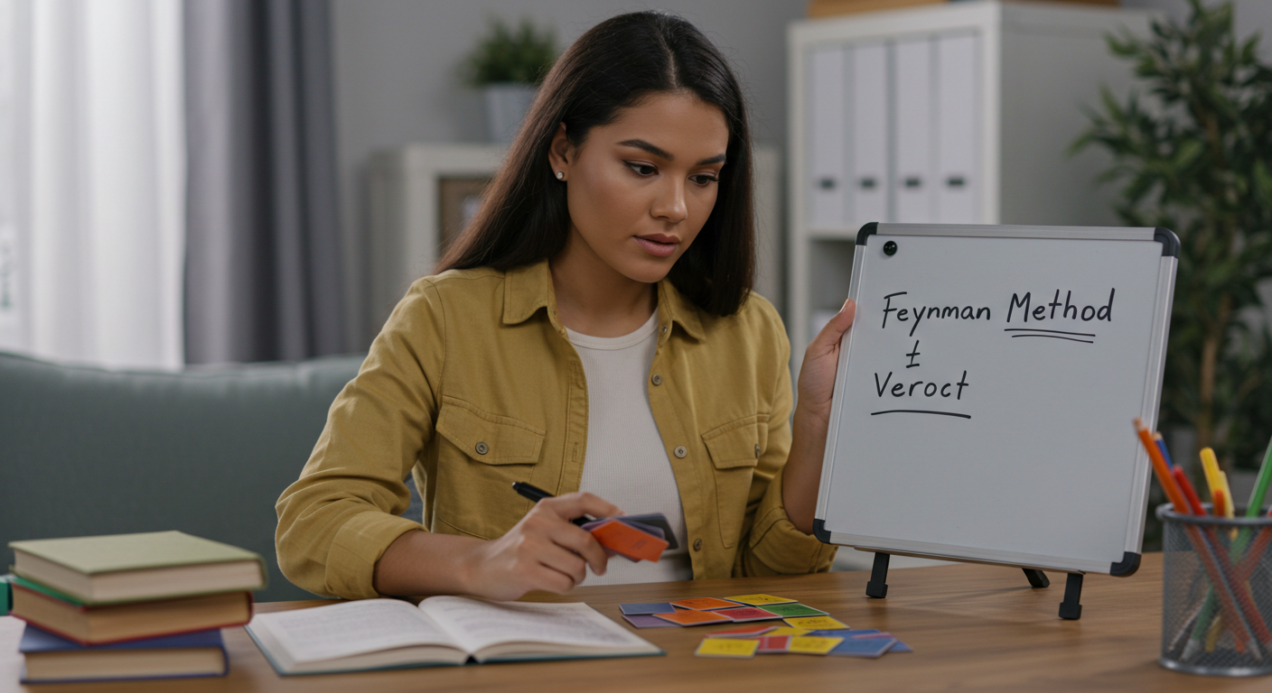 Mejora tu aprendizaje con técnicas efectivas de estudio. Mujer joven aplicando técnicas de estudio como repetición espaciada y método Feynman.
