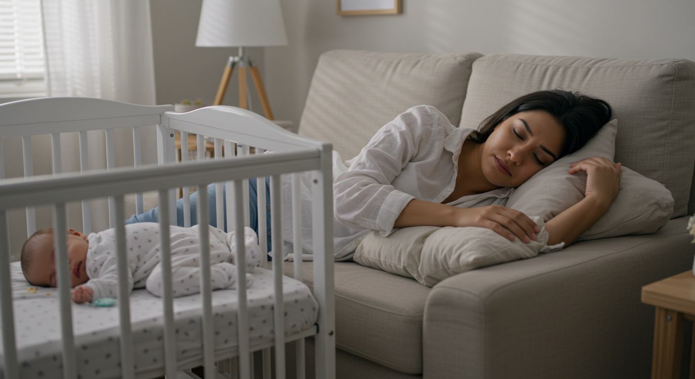 Momento de descanso para una madre mientras su bebé duerme. Madre hispana descansando tranquilamente cerca de la cuna de su bebé dormido.