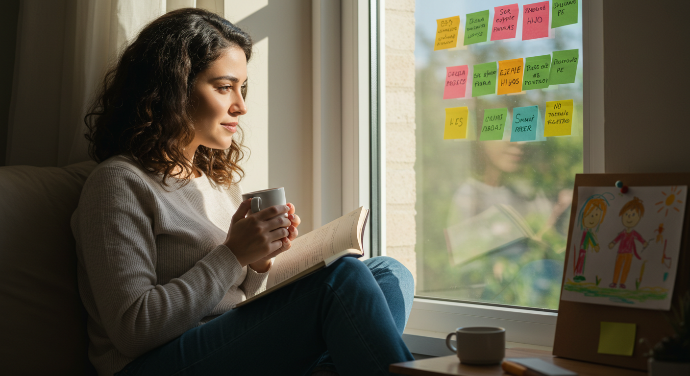 Motivación interna y metas claras para mamás estudiantes. Mamá reflexionando sobre sus metas de estudio con actitud positiva y resiliente.
