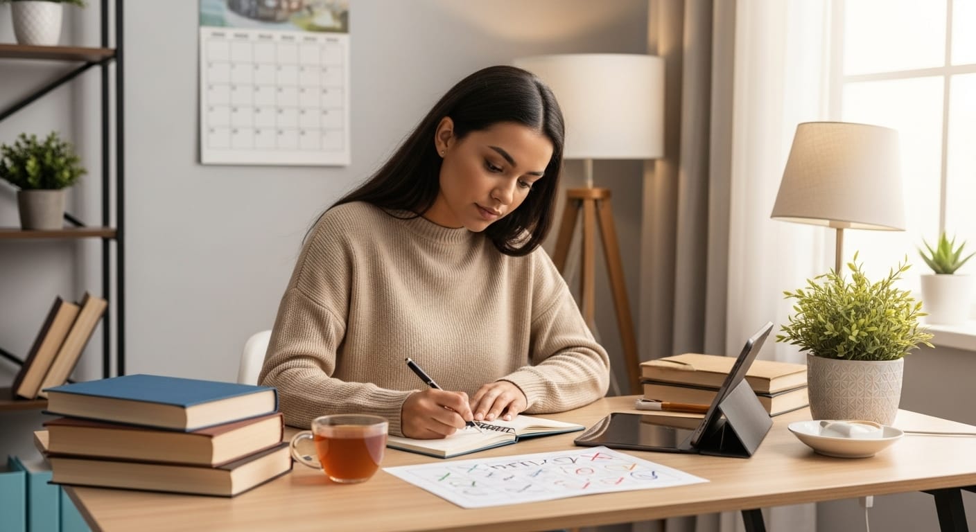 Mulher latina dedicada, dividida entre estudos e tarefas domésticas Mulher latina realista estudando e organizando tarefas em mesa com luz suav
