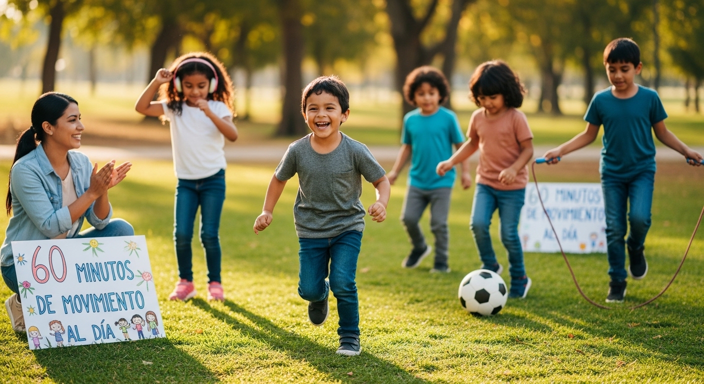Niños activos y felices la importancia del movimiento diario. Niños hispanos haciendo ejercicio y jugando en un parque bajo la mirada alentadora de su madre.