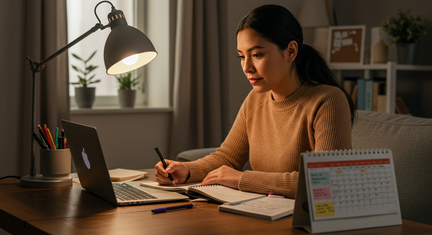 Organiza tu tiempo y prioridades para aprender mejor. Mujer latina usando técnica Pomodoro para estudiar desde casa.